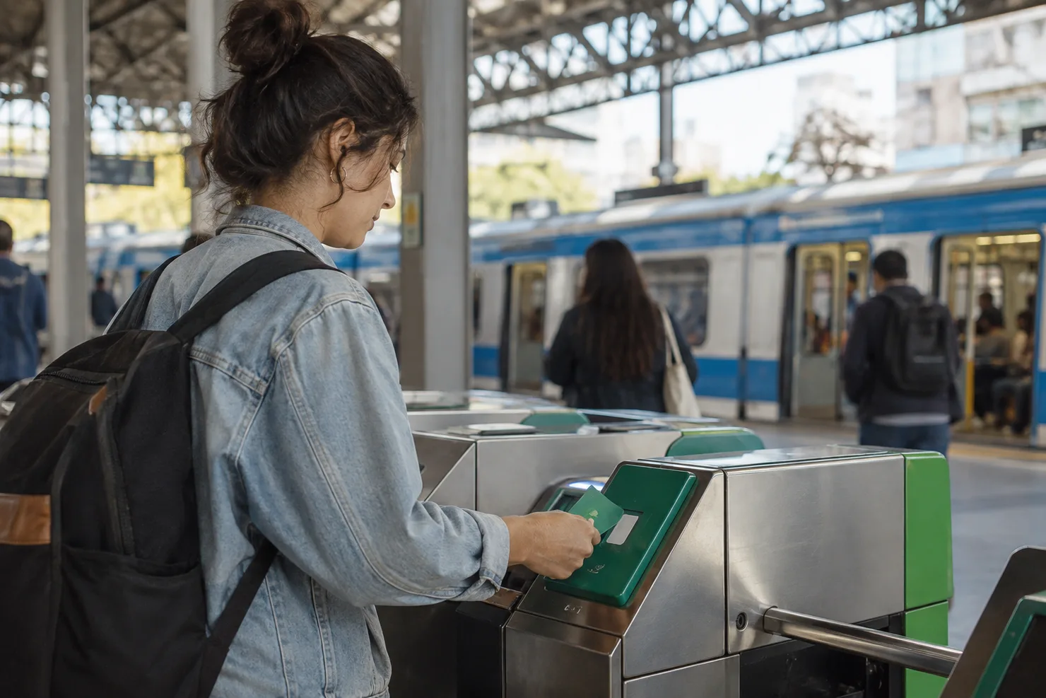A Cívica card held to the green turnstile reader at a Medellín Metro station, a Line A train on the platform behind
