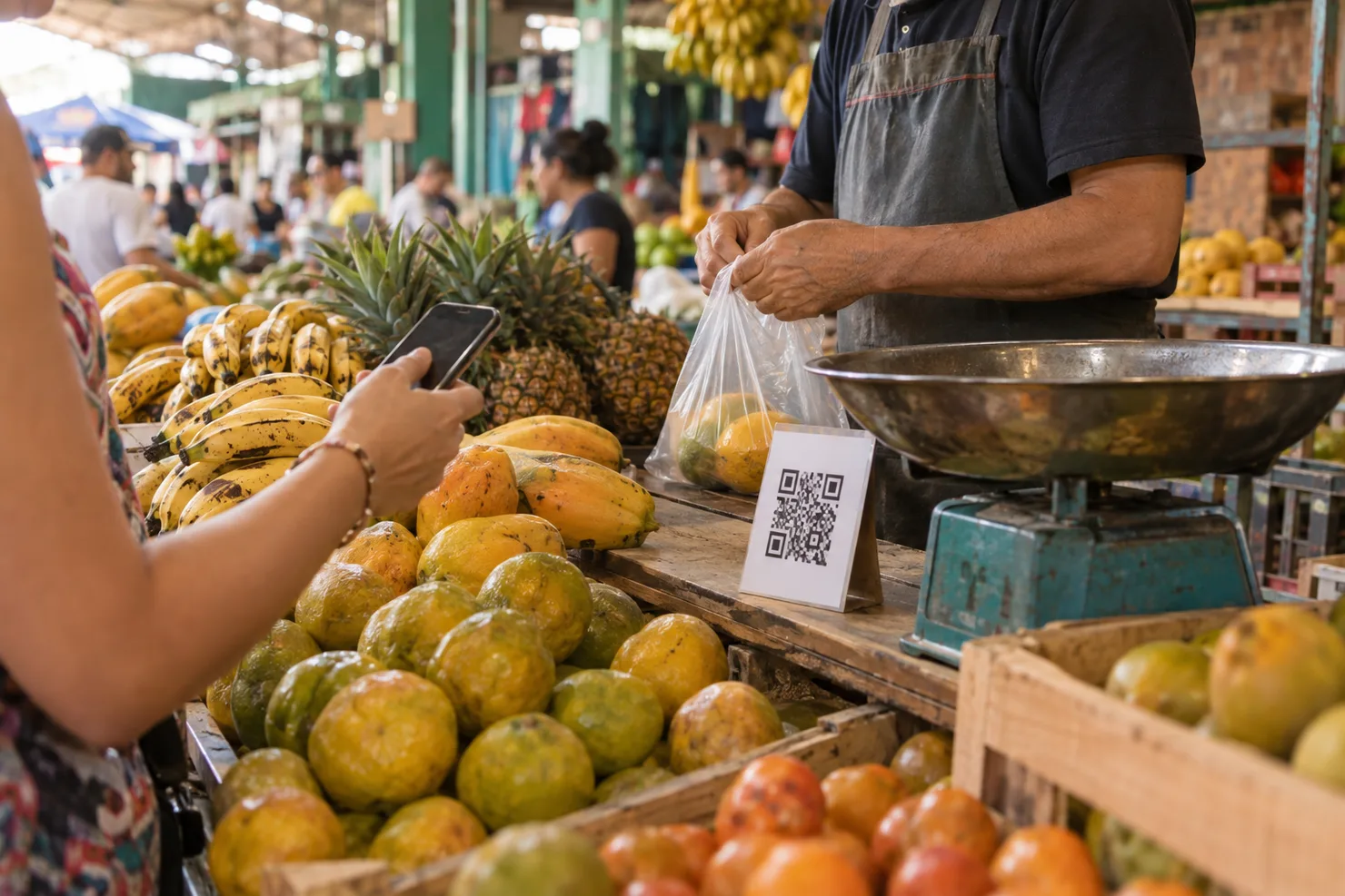A printed QR standee on a fruit stall counter in Medellín, scales and papayas around it