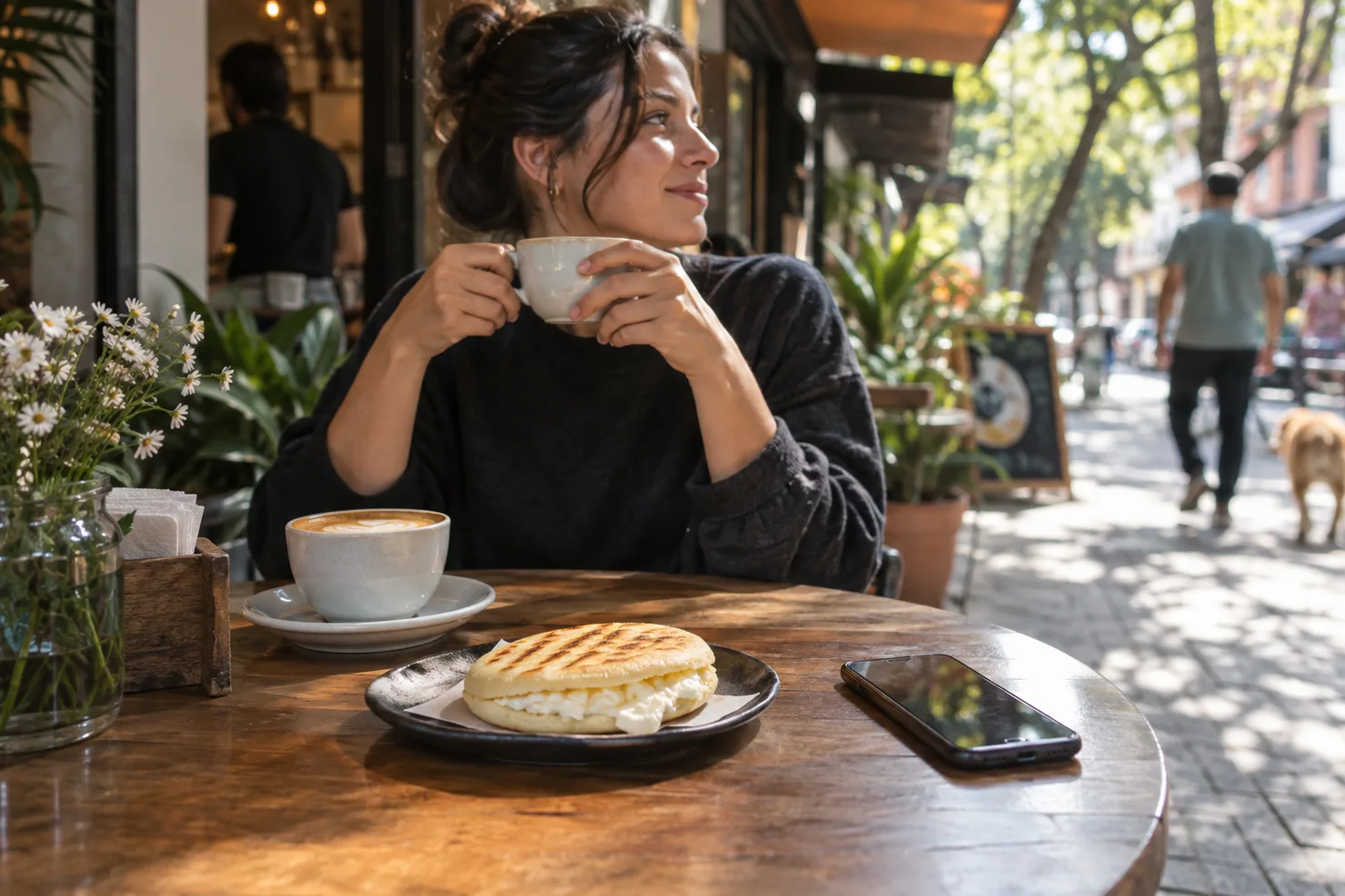 A cup of coffee and an arepa con quesito on a café table, a phone face-down beside the plate