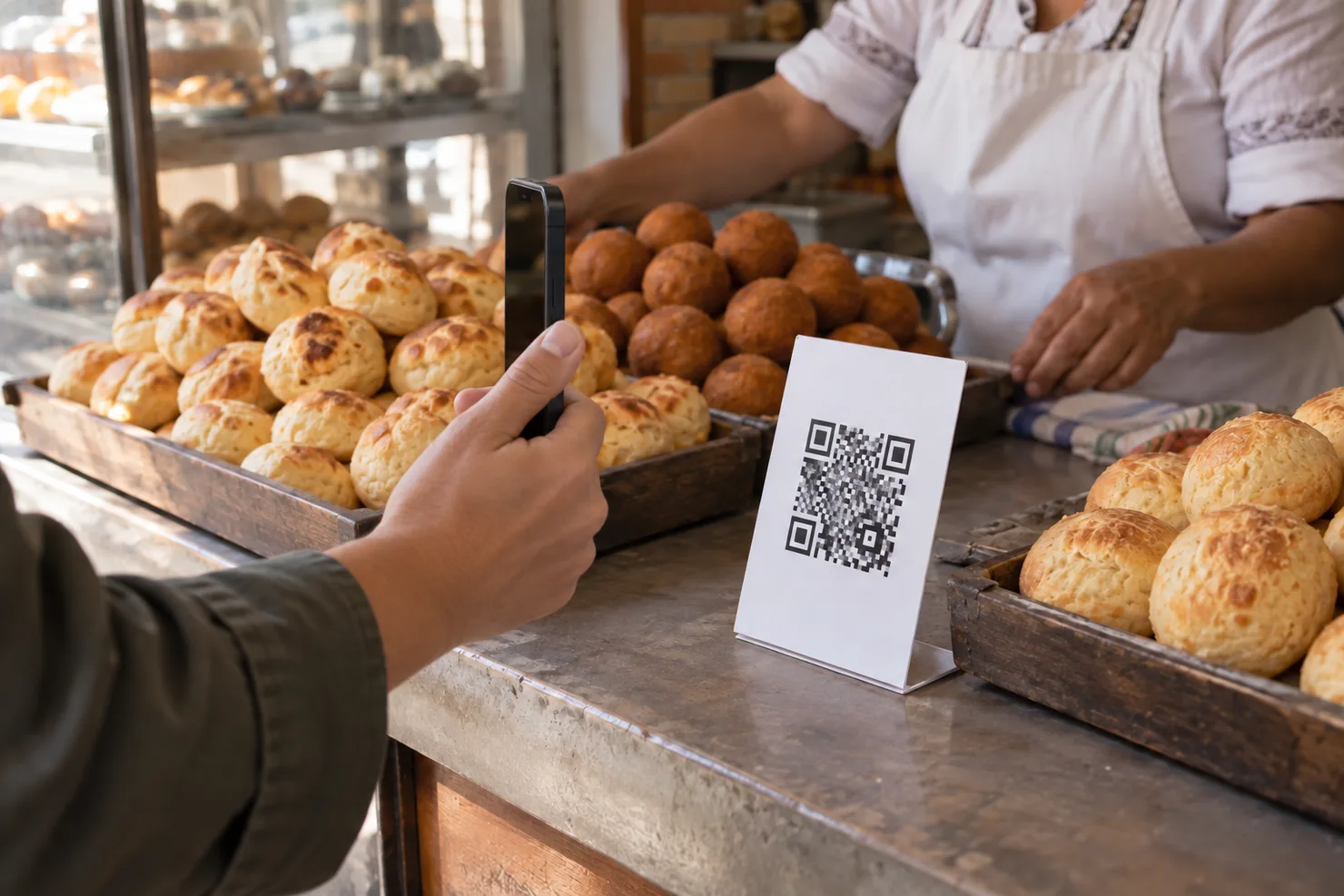 A customer raising a phone to a QR standee on a Medellín bakery counter, the screen turned away