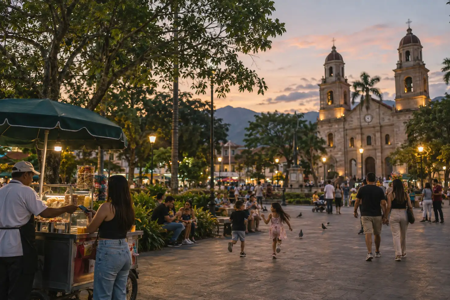 A town square at dusk, a twin-towered church lit at one end, children running near a food cart while families sit on benches nearby