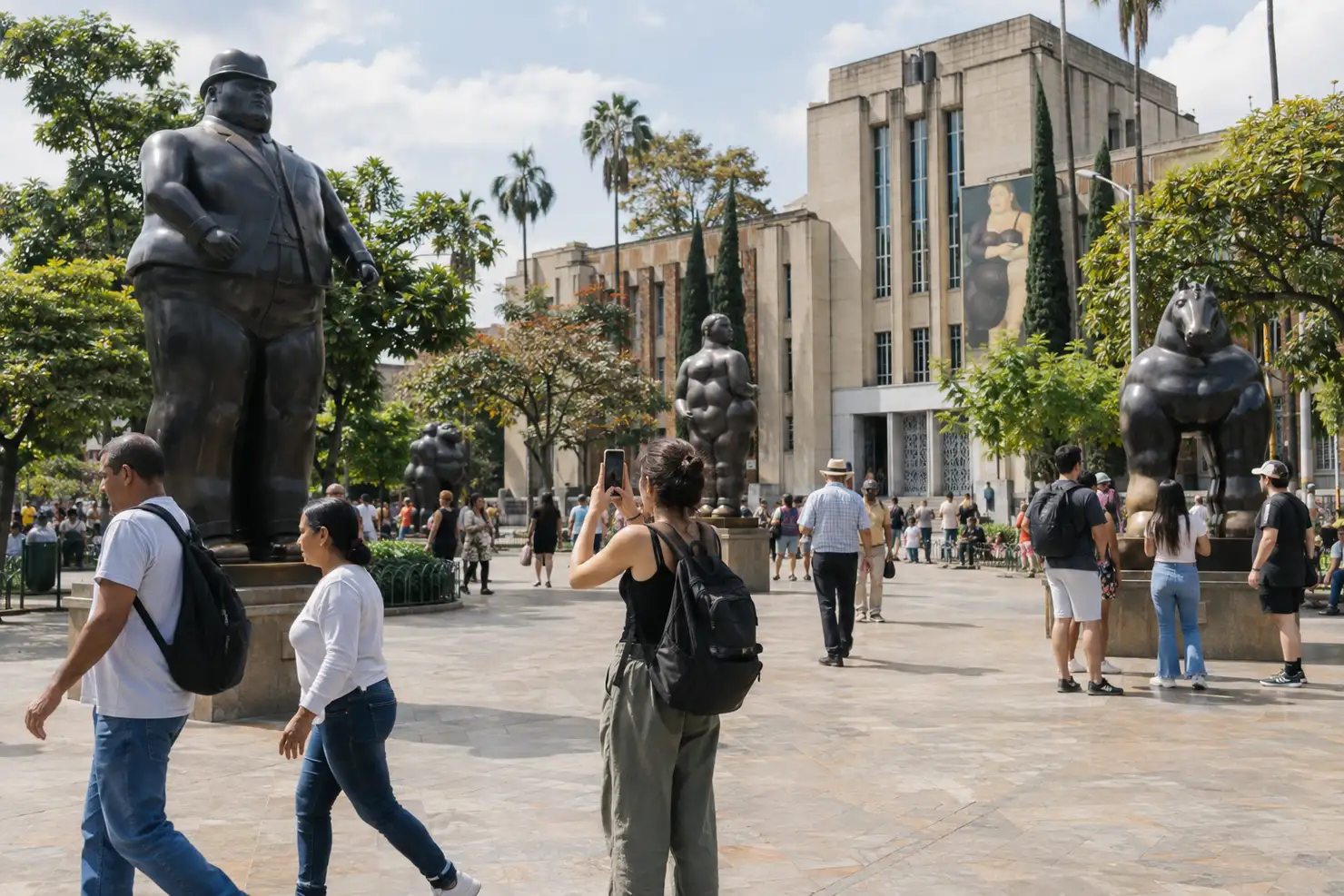 A plaza with large rounded bronze statues, including a stocky standing figure and a horse, tourists photographing them in front of a museum facade with a mural