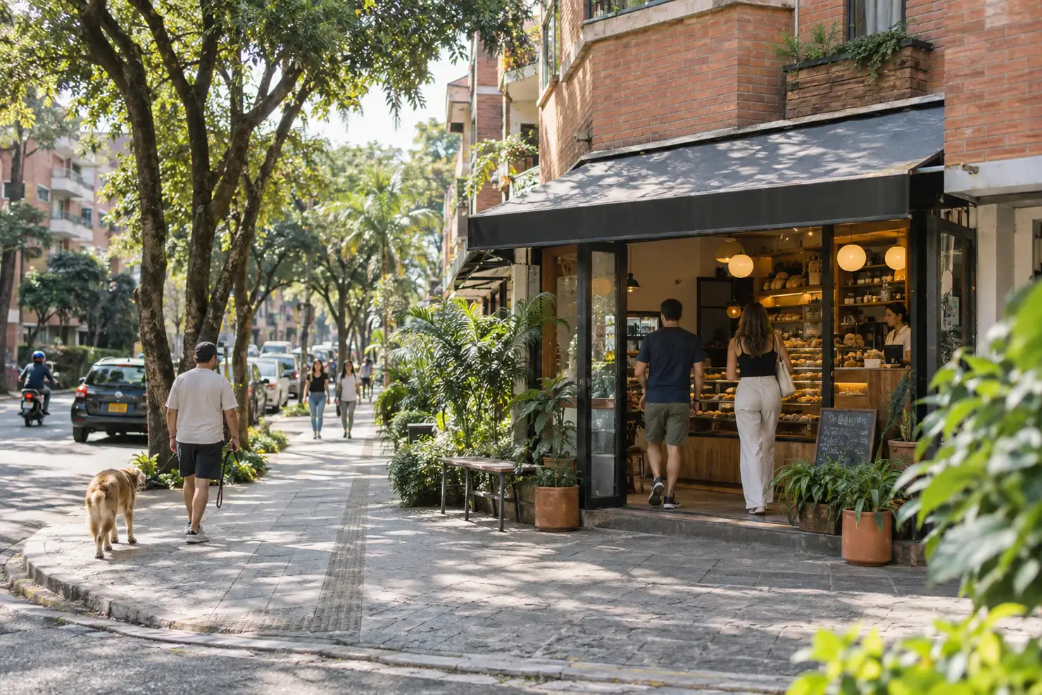 A tree-lined Laureles street with brick apartment blocks, parked motorbikes and a corner bakery in afternoon light
