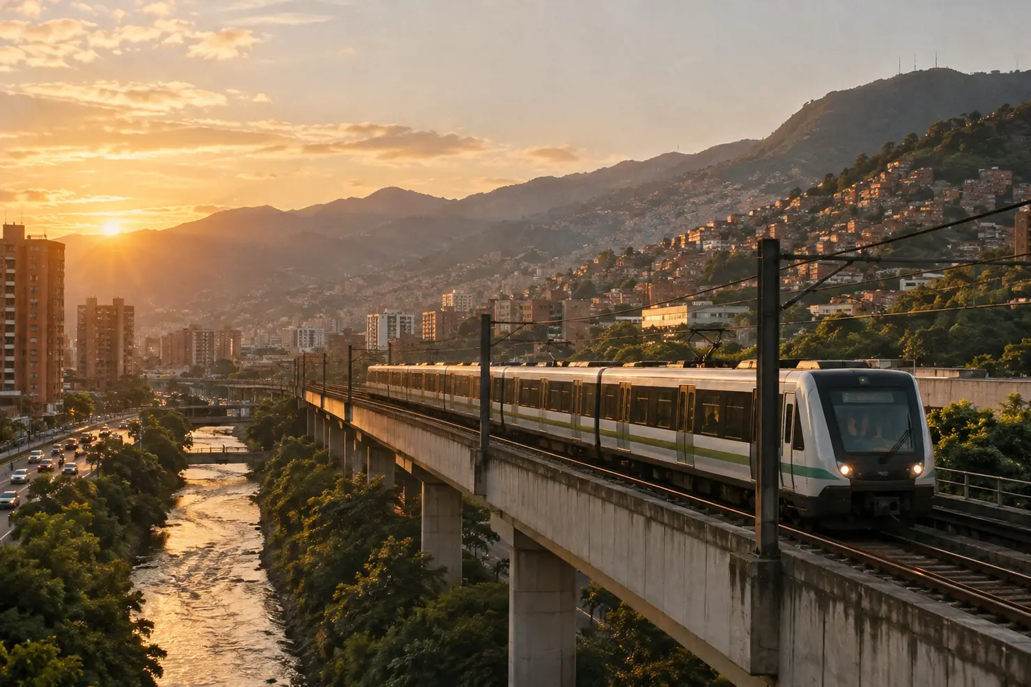 A Line A Metro train crossing the Medellín river on its elevated track at golden hour