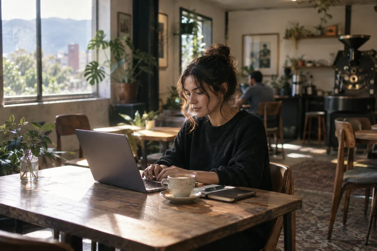 A quiet upstairs room in a Laureles roastery, one laptop open at a wooden table, a single cup beside it