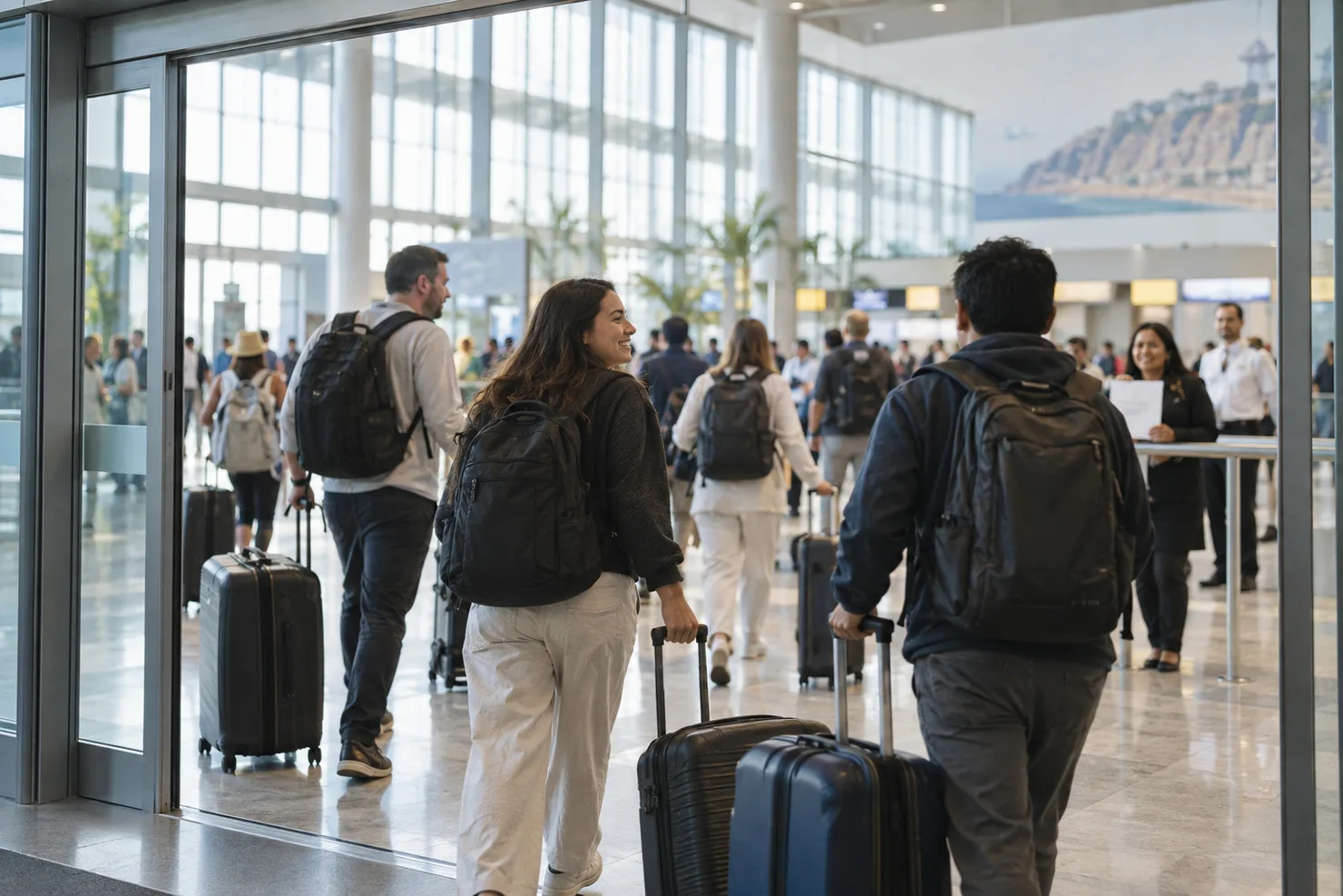Travelers with bags at the arrivals doors of the new Jorge Chávez terminal, the taxi counters soft behind them