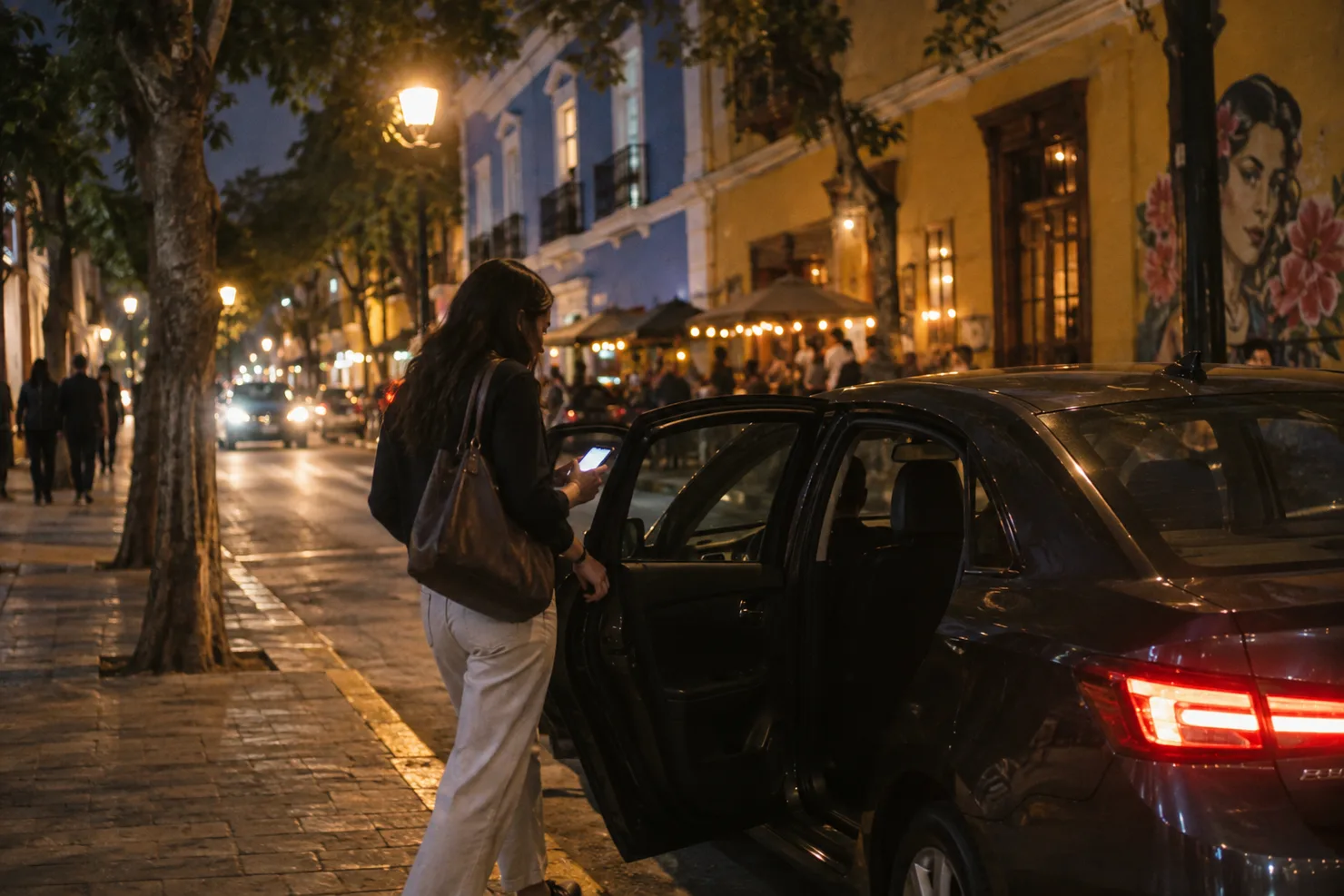A ride-app car at a Barranco curb at night, a passenger checking the plate from the doorway