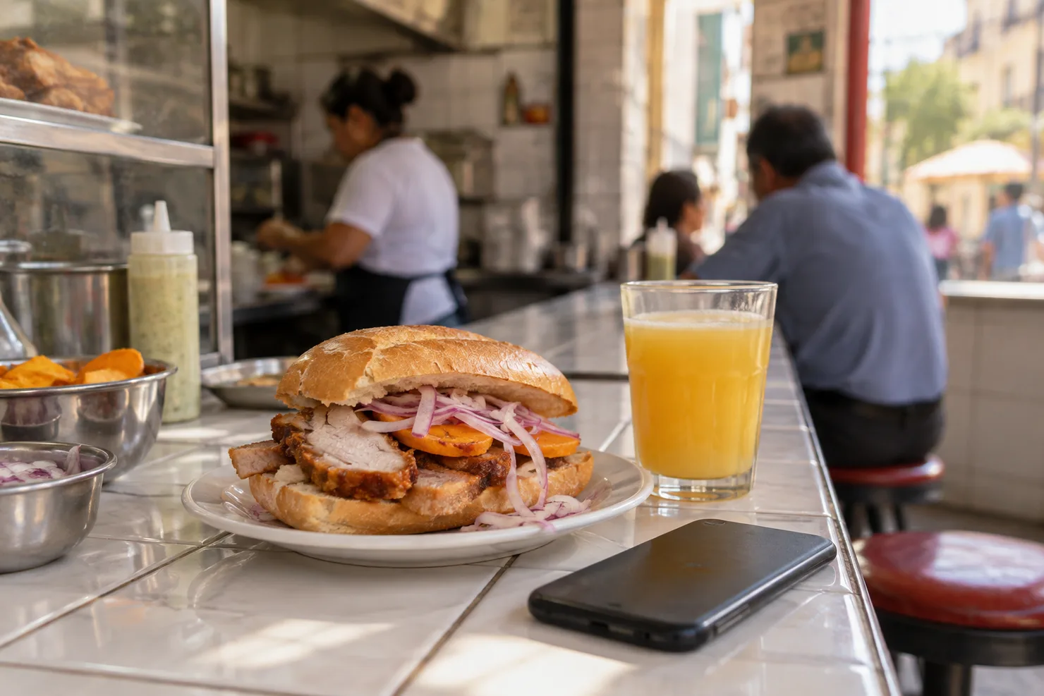 A chicharrón sandwich and a juice on a sanguchería counter, a phone face-down beside the plate