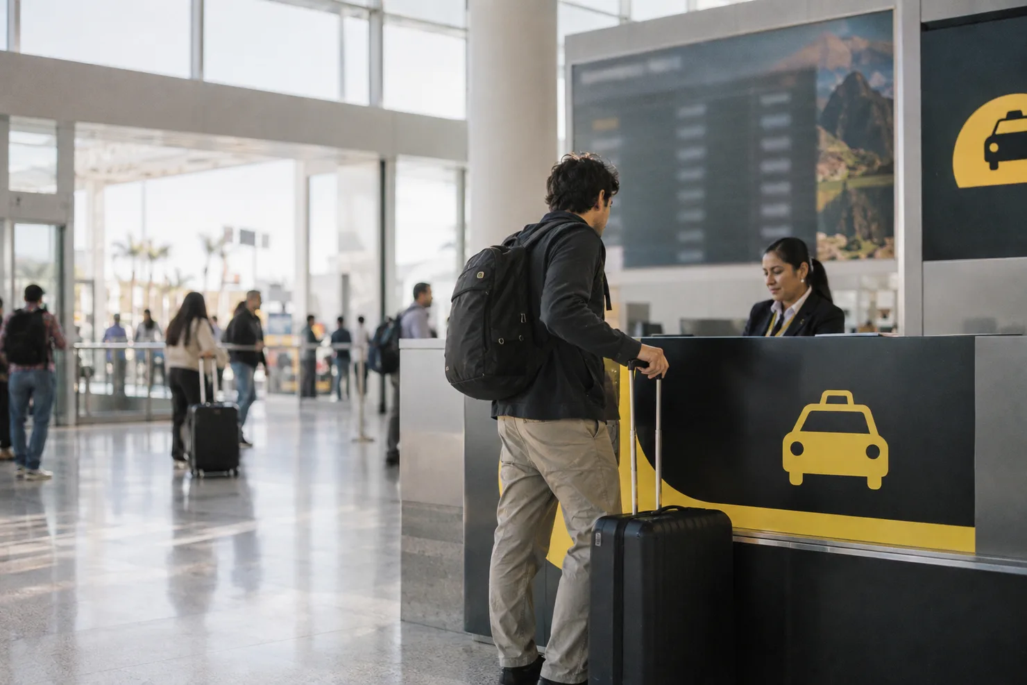 A traveler with a suitcase at the official taxi counter in the arrivals hall, the fare board soft and unreadable
