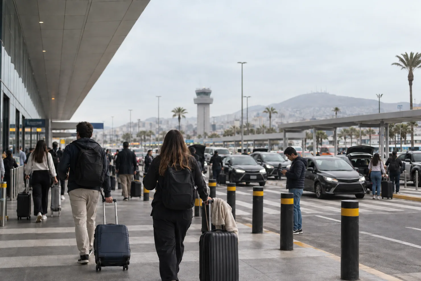 The curb outside the new Jorge Chávez terminal, travelers with bags and the marked ride-app lot beyond