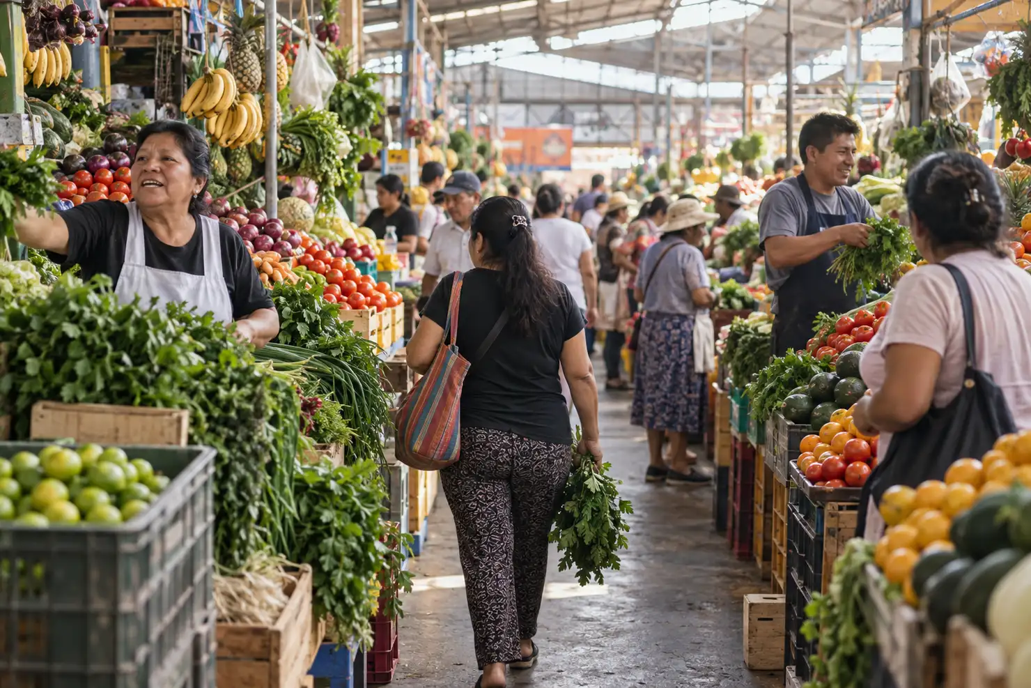 The produce floor of Mercado No. 1 de Surquillo in the morning, stalls of fruit and vegetables and shoppers in the aisle