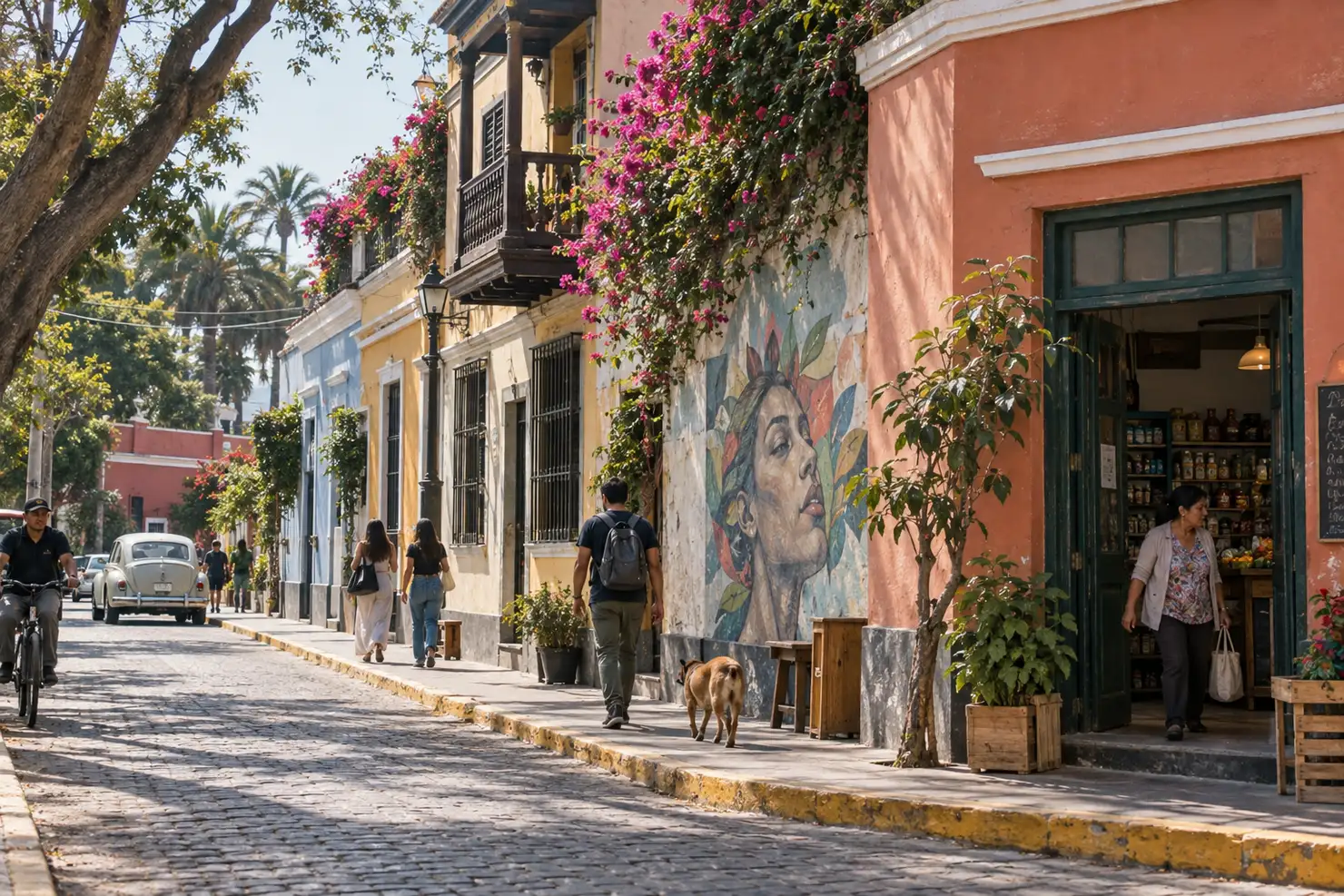 A Barranco block of painted colonial facades and bougainvillea, a corner bodega at the end of the street