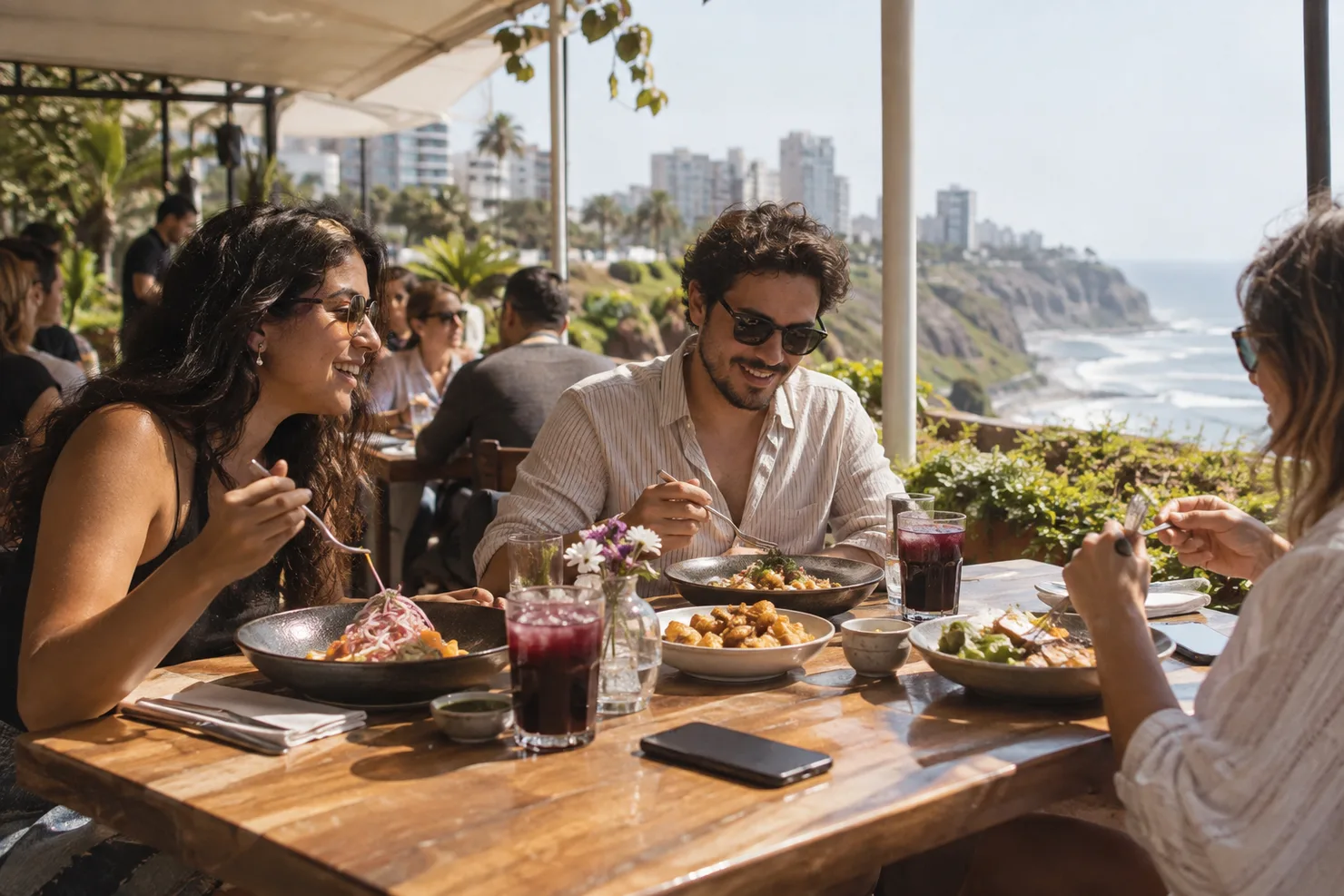 Lunch plates on a Miraflores patio table, a phone face-down beside them