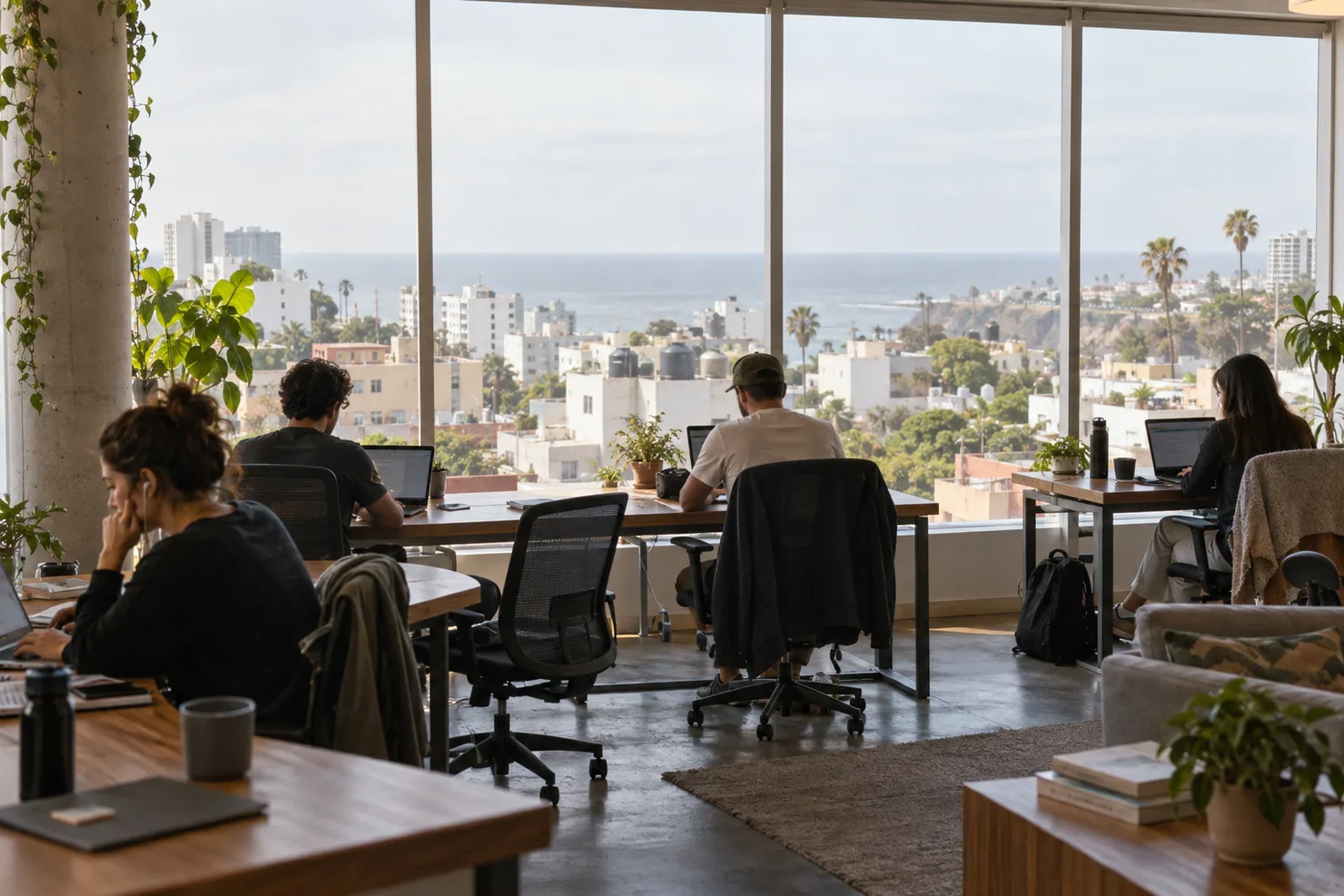 A coworking floor in Miraflores in the morning, desks by a large window over the rooftops toward the sea
