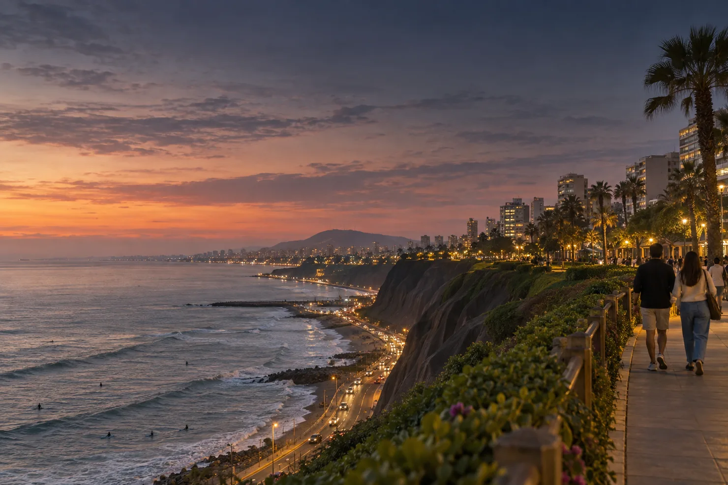 The Costa Verde cliffs from the Miraflores malecón at dusk, the parks along the edge and Barranco's lights south along the bay