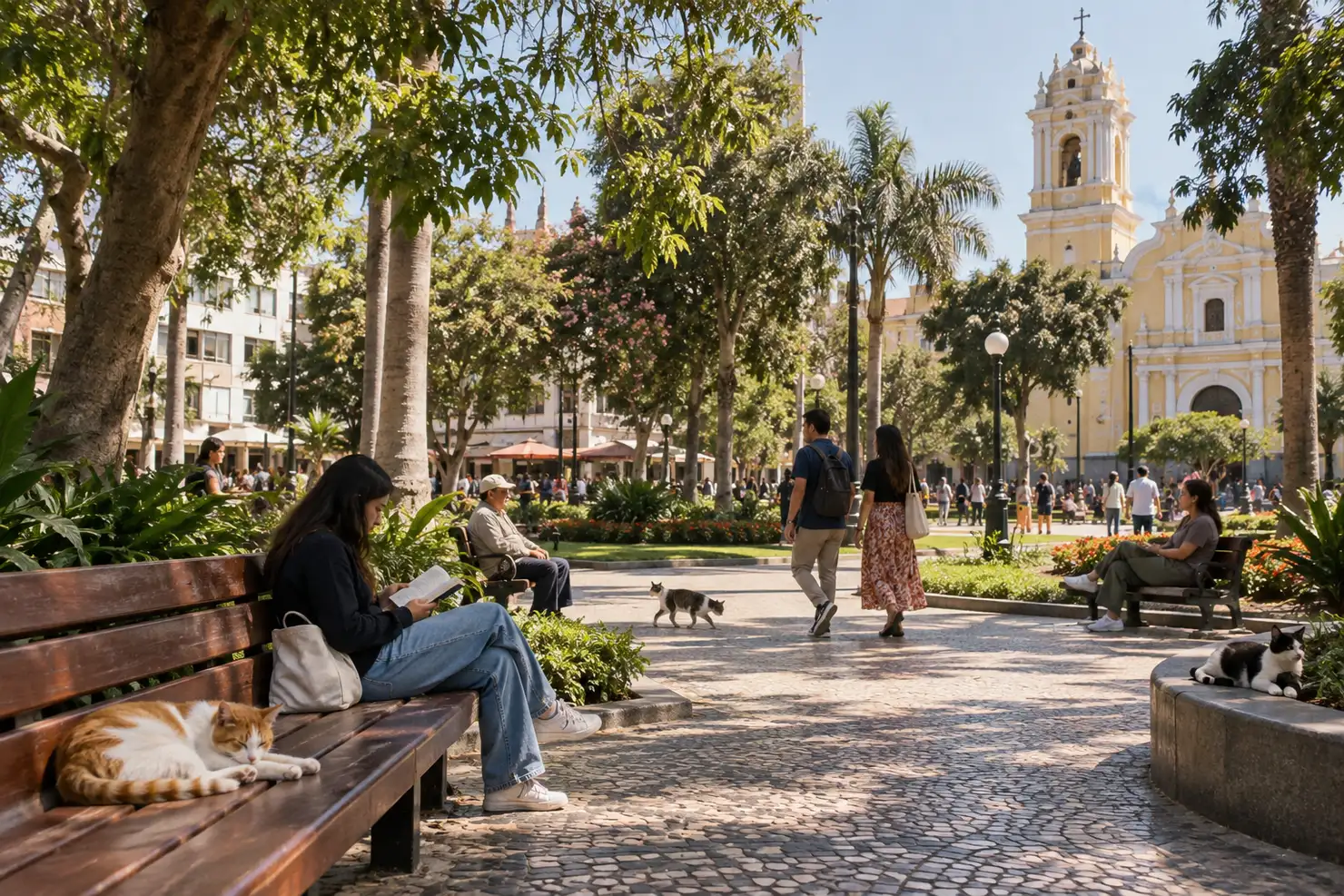 Parque Kennedy in Miraflores, cats on the benches and the yellow church at the far end of the square