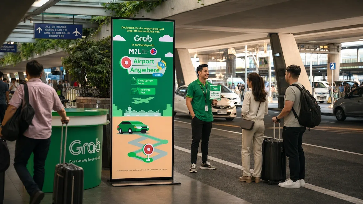 The NAIA arrivals hall, Grab kiosk in view