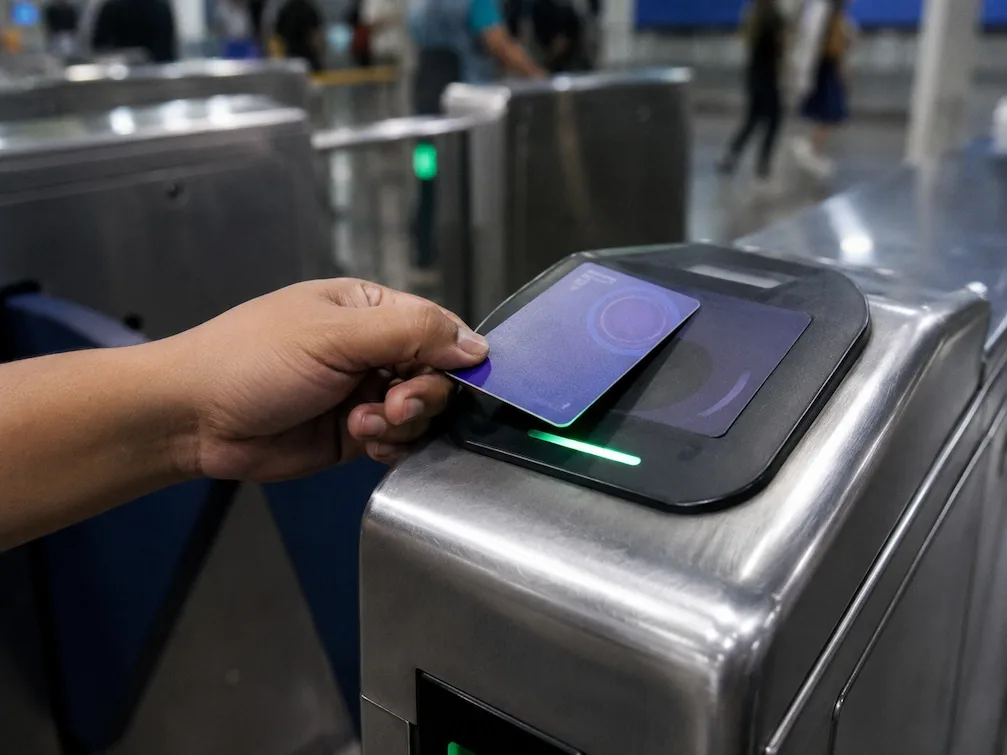 A hand taps a Beep card on the reader of a Manila MRT turnstile