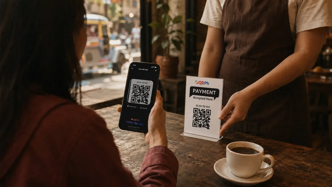 Scanning a QRPh table sign with a phone in a Manila cafe.