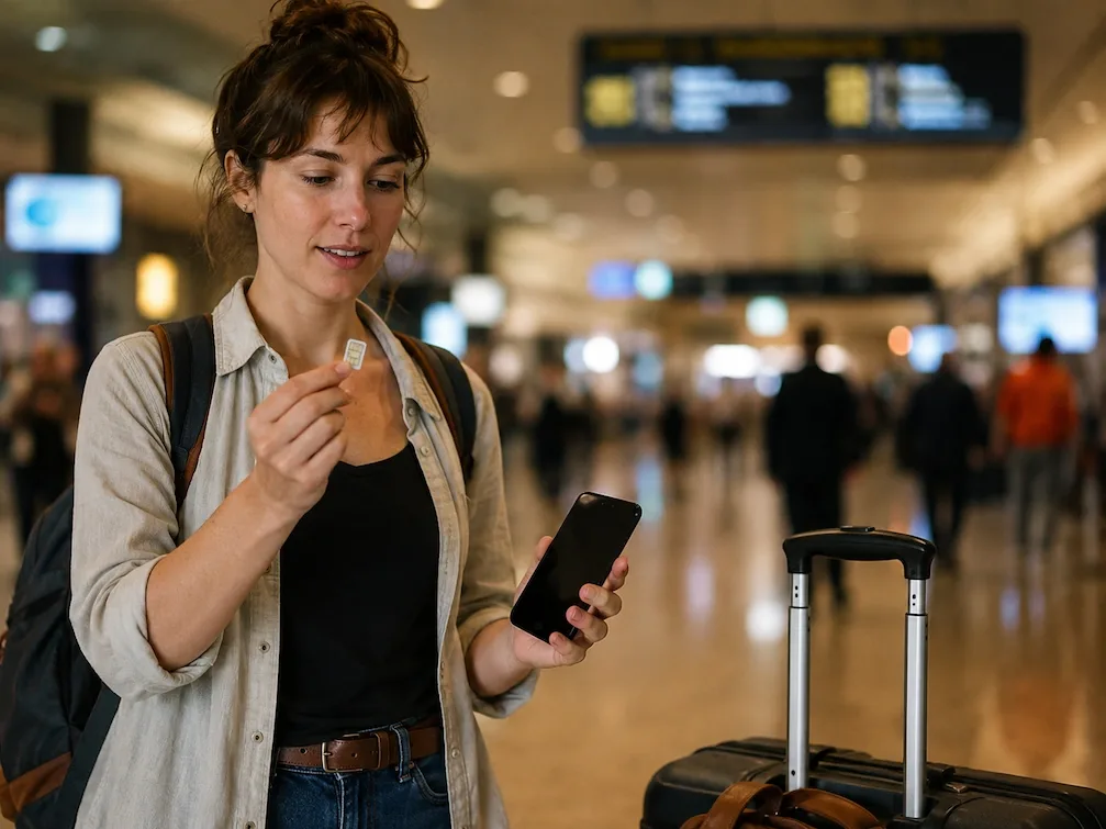 A traveler in a Manila arrivals hall holding a SIM card and her phone, luggage beside her
