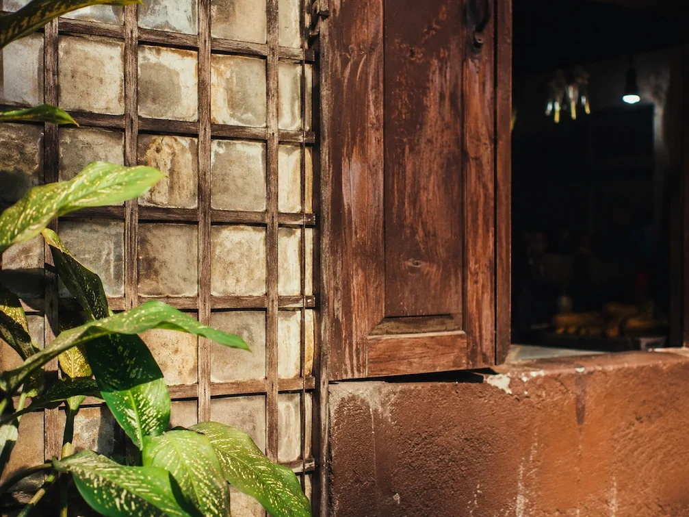 A close view of a weathered capiz-shell window and a tropical plant on a Manila wall
