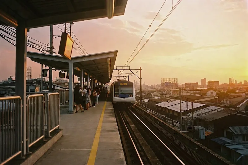 An elevated LRT platform in Metro Manila at golden hour, commuters waiting as a train pulls in above the rooftops