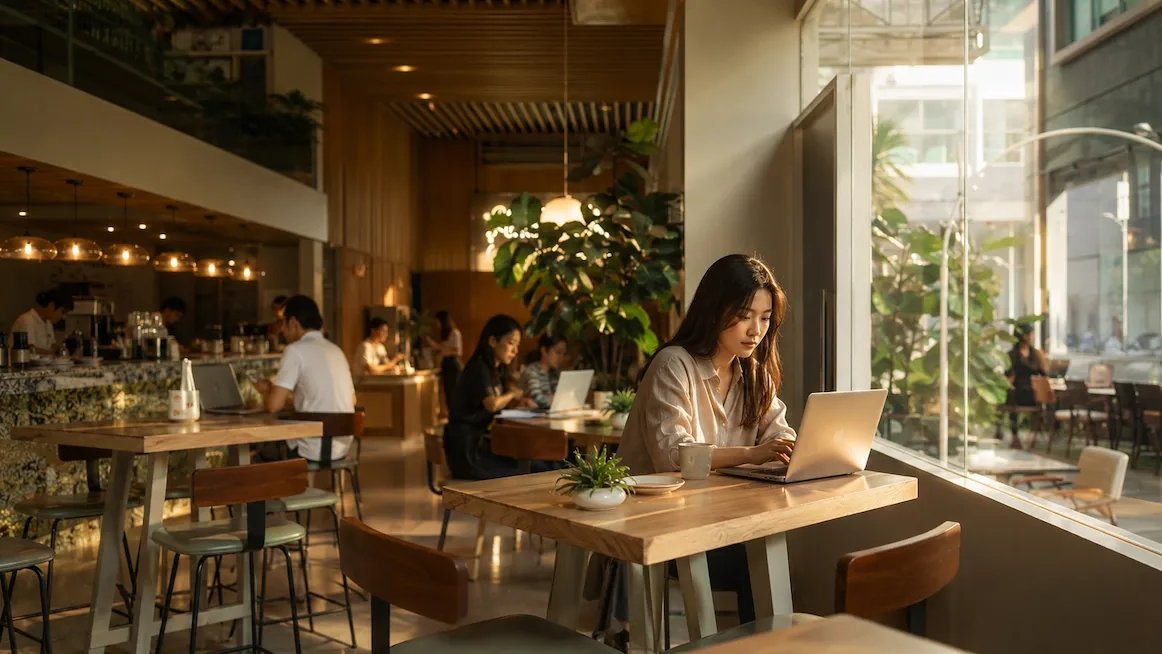 A bright plant-filled Manila cafe, laptops open