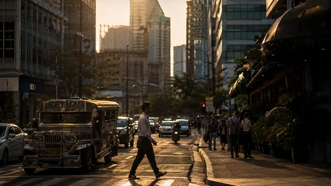 Crossing an Ayala Avenue intersection at golden hour
