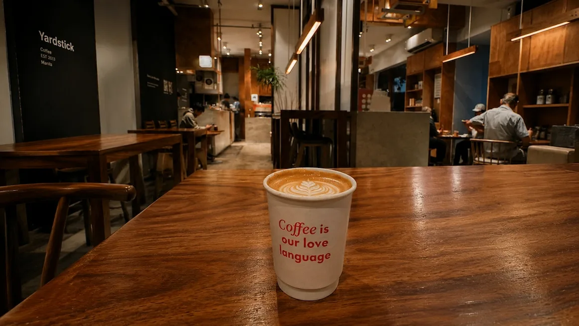 A latte in a paper cup printed 'Coffee is our love language' on a wooden table at Yardstick Coffee, the Yardstick sign on the dark wall and the coffee bar and tables beyond.
