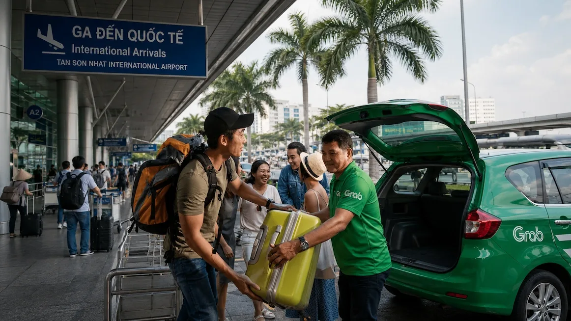 Loading luggage into a Grab at Tan Son Nhat arrivals