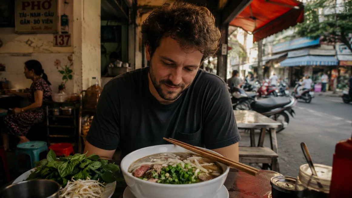 A bowl of pho at a sidewalk stall