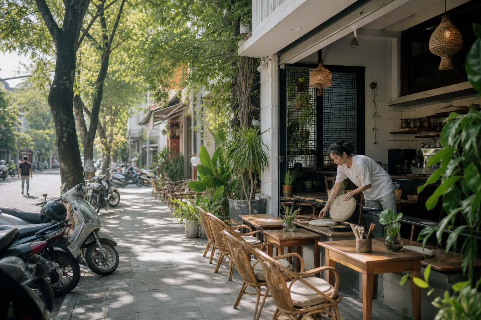 A row of laptop-friendly cafes along a shaded An Thượng street in Da Nang, motorbikes parked along the curb