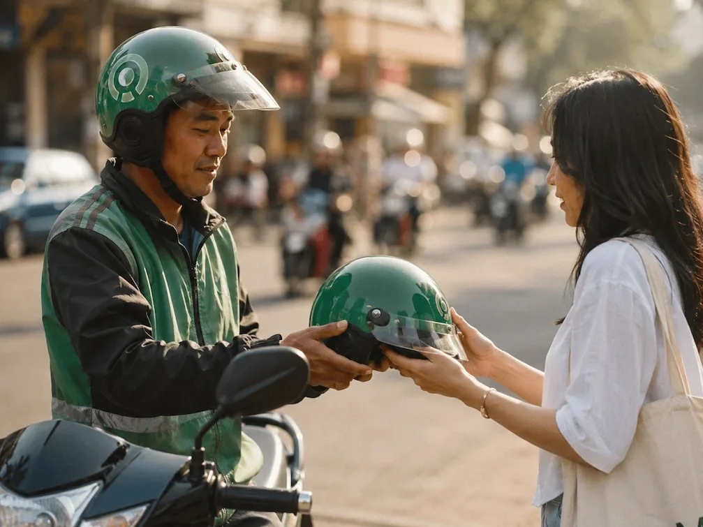 A Grab motorbike driver in a green helmet hands a spare helmet to a passenger at a Ho Chi Minh City curb