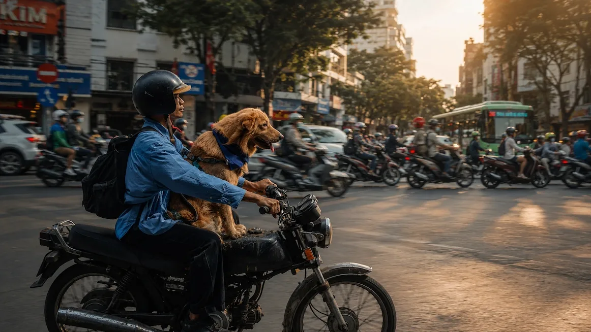 A dog rides pillion through Saigon traffic