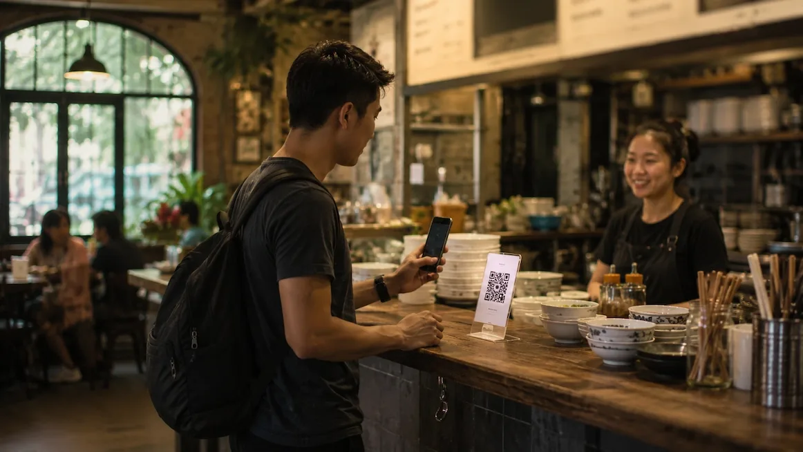 Scanning a VietQR table tent with a phone at a cafe counter.