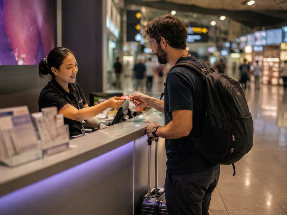 A traveler at a Ho Chi Minh City airport SIM counter as the vendor hands over a local SIM