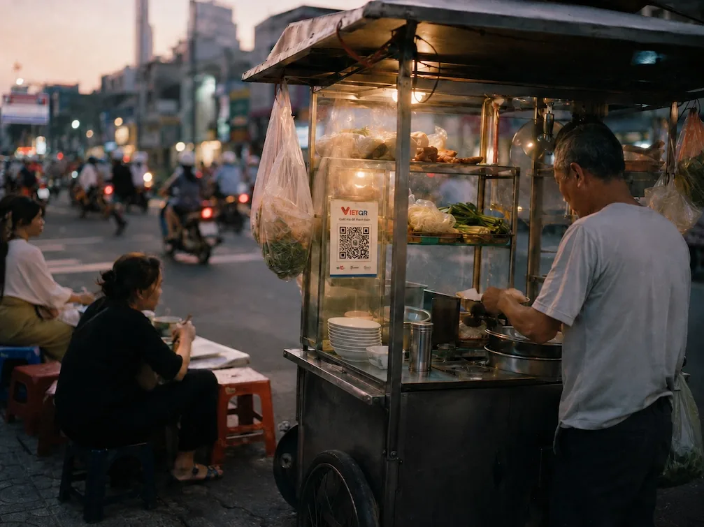 A Saigon street-food cart at dusk with a QR standee on its glass case, a vendor cooking and diners on low stools as motorbikes stream past