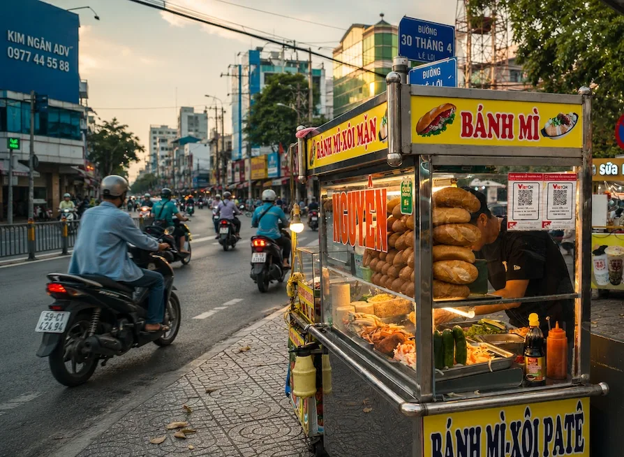 A banh mi cart glowing under yellow signage at dusk on a Ho Chi Minh City boulevard, with a QR-code sticker taped to the glass and motorbikes streaming past.