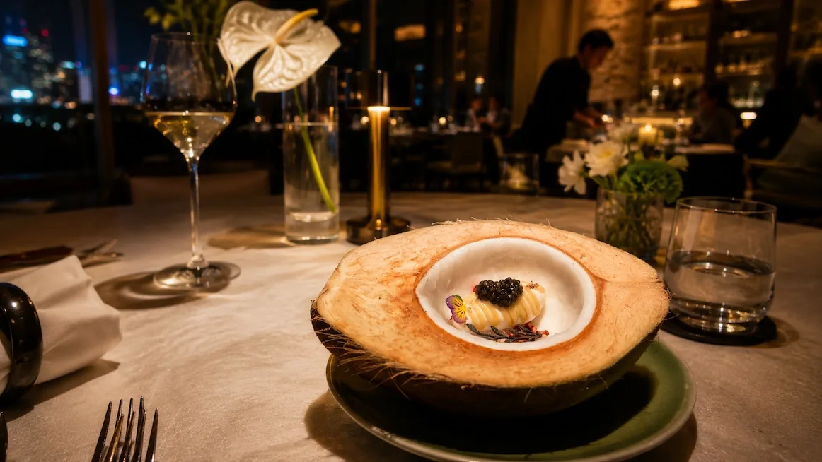 A fine-dining table at Anan Saigon at night — a signature course plated in a hollowed young coconut beside a glass of white wine and a candle, the lit city skyline through the window behind.