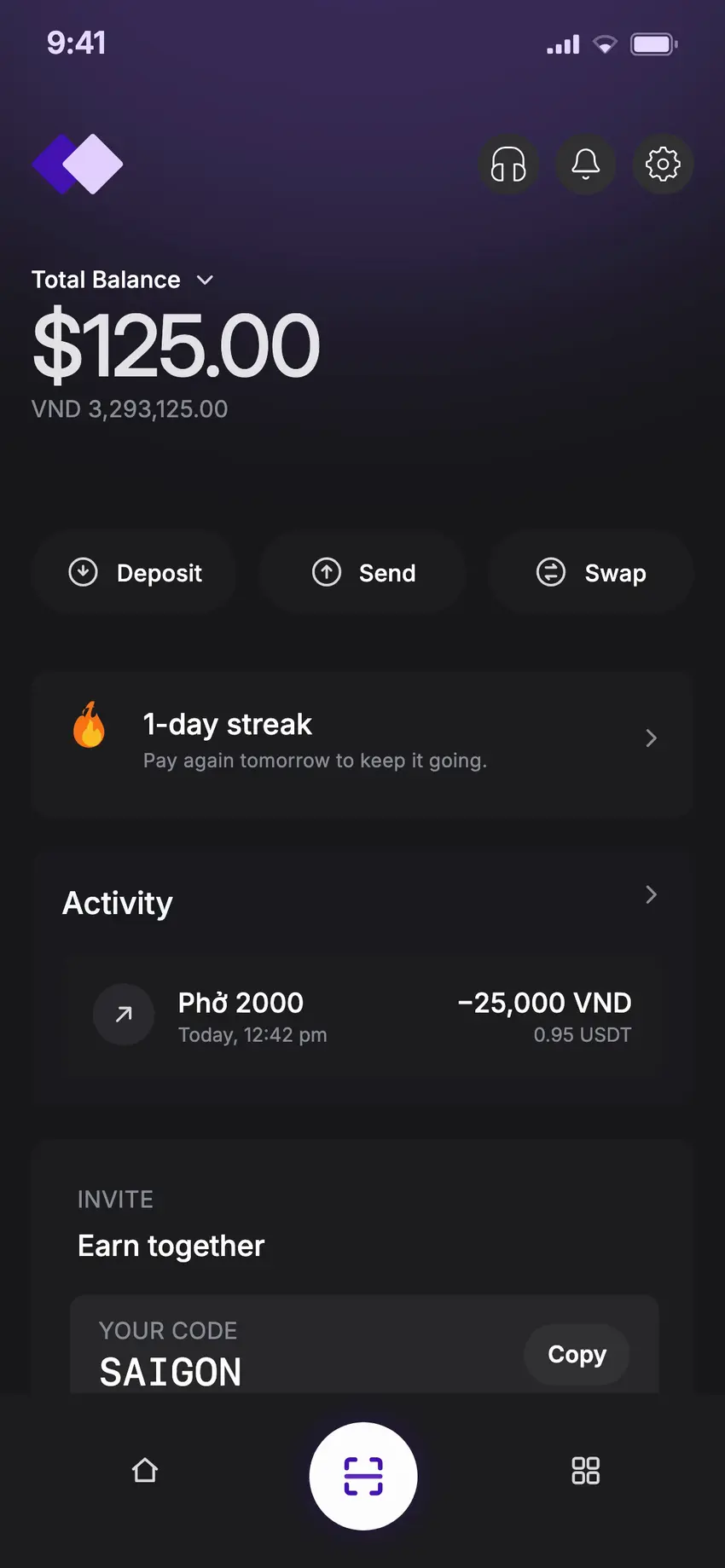 The Yodl app home screen: a stablecoin balance with Deposit, Send and Swap, a payment streak, and recent activity.