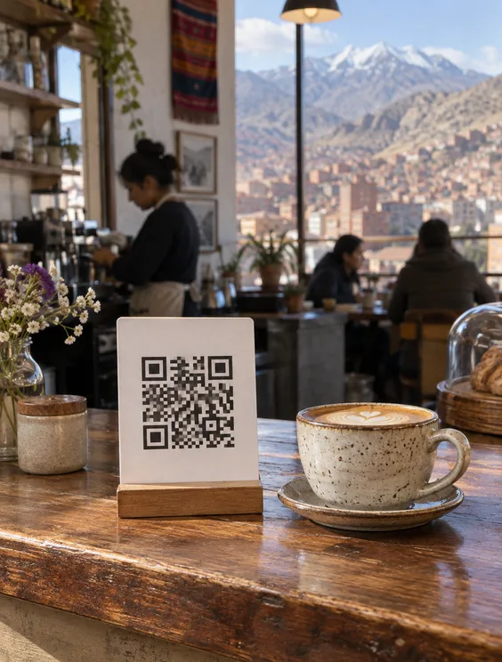 A plain QR standee and a cappuccino on a café counter, the brick hillsides of La Paz through the window behind.